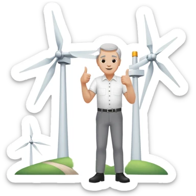 an older white man with grey hair and a white shirt and black pants doing a thumbs up pose, standing next to a silver wind turbine sticker