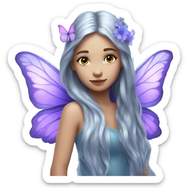 Beautiful, flower, fairy, blue, silver, purple, long hair, big butterfly wings sticker