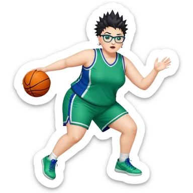FULL BODY PLUS SIZE  WHITE women with DARK short hair SPIKEY HAIR and glasses playing basketball IN BLUE AND GREE UNIFORM NO WRITING sticker