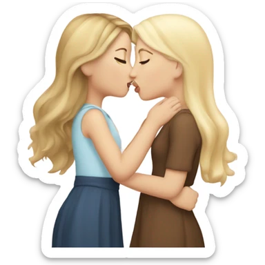 A girl kisses another girl on the cheek, both blush. One has white skin and blonde hair, and the other has white skin and brown hair. sticker