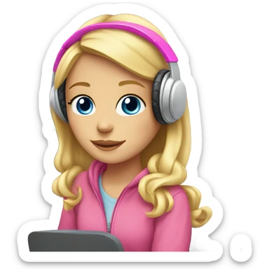 blonde hair blue eyed girl pink headphones and computer sticker