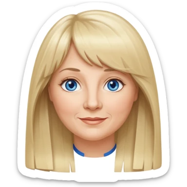 50 yr old white woman, curtain bangs, very long straight blond hair, oval face, small smile, blue eyes, slightly chubby face sticker