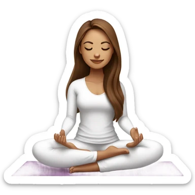 brown long hair and closed eyes yoga beautiful girl in white clothes sitting on a yoga mat sticker