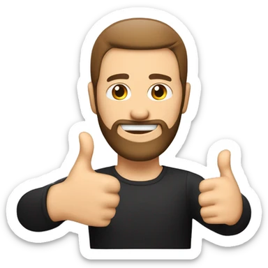 White man with beard, without mustache, hair color brown, hairstyle - straight hair combed to the right, black and red background, thumbs up gesture, in front of the computer sticker