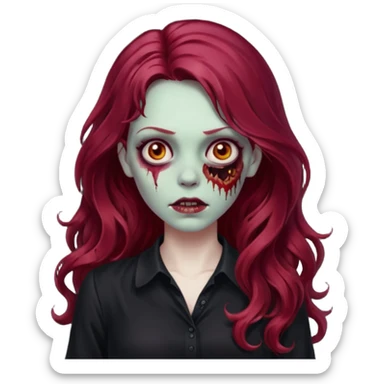 Faça me um emoji de um zumbi mulher de cabelos vermelho borgonha longos ondulado usando uma blusa preta sticker