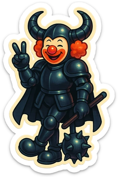 A friendly armored clown with ram horns, glossy black on matte black armor, short cape, large black clown shoes, standing with legs crossed, one arm down holding an oversized spiked mace, the other hand gesturing with a peace sign, eyes barely open, smiling, vibrant retro stickers style, no yellow aged tint, full body, transparent background sticker