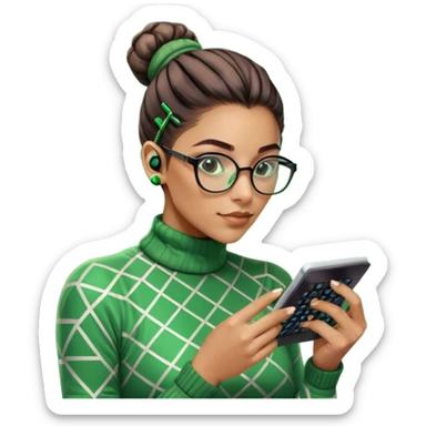 Gender: Non-binary Hair: Tight bun secured with calculator-shaped hairpin Face: Glasses reflecting scrolling green data streams Clothes: Geometric-patterned turtleneck with fingerless gloves Action: Floating in matrix-like numbers with Ctrl+C/V aura sticker