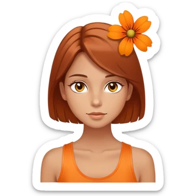 pretty girl with hazel, almond shaped eyes, she las light a bit tanned skin, she has brown auburn hair straight and long lashes, she had orange flower in her head, and orange tank top sticker