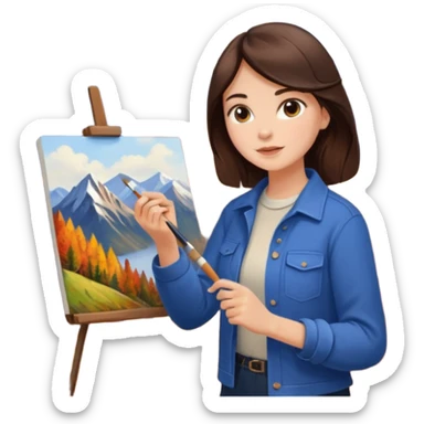 Brunette Artist painting a beautiful autumn mountain peak destination on canvas sticker