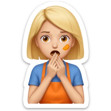 scared woman with her hands on her mouth, emoji style, more details, sideways pose, orange apron, different pose, different expression sticker