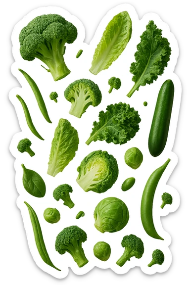 varie verdure verdi fluttuano in aria e cadono verticalmente, IPERREALISTICA 4K sticker