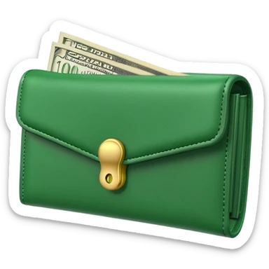 Rich emoji style green leather wallet with dollar bills, luxury money vibe, premium 3D emoji, ultra clean, high detail, no background sticker