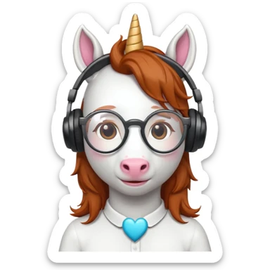 headphone wearing white unicorn with dark ginger hair and heart shaped spectacles sticker