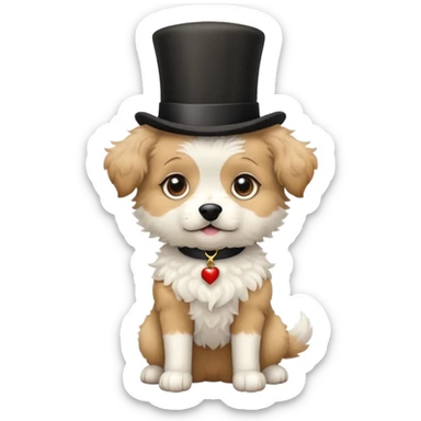 cute small tan and white dog with black nose, black round eyes, curly fluffy medium length hair, wearing a top hat sticker