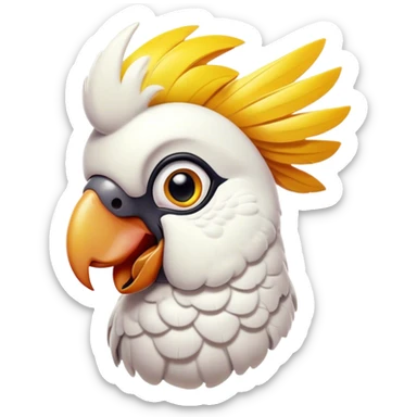 Cinematic Comical Cockatoo Portrait Emoji, Head tilted dramatically with an exaggeratedly shocked expression, featuring a striking, crest-adorned head with wide, comically expressive eyes full of playful disbelief and a vibrant, animated beak, Simplified yet hilariously expressive features, highly detailed, glowing with a slightly sassy tropical glow, high shine, dramatic yet playful, stylized with an air of cheeky avian mischief, soft glowing outline, capturing the essence of a meme-worthy cockatoo that looks ready to squawk its way into viral fame! sticker