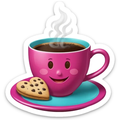 cup of coffee, steaming, the smoke should come out in the shape of a heart, the color of the cup is fuchsia, the cup has a happy face printed on it, the cup rests on a turquoise blue plate, and there are cookies and sugar cubes around the cup. sticker