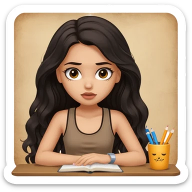 a pretty bratz light dusky girl with long wavy black hair in a brown tank top studying tired sticker
