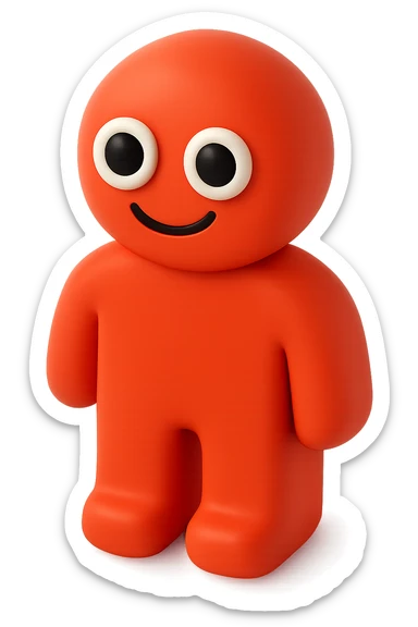 Make the red humanoid smile, keep black eyes with white pupils, no background, transparent background, style similar to a red humanoid with black eyes and white pupils, no background sticker