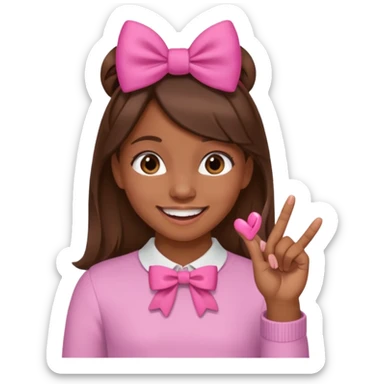 Chica con pelo marron sonriendo con un lazo rosa en la cabeza y mordiendose la punta del dedo indice con delicadeza y la otra mano que no salga en el emoji sticker