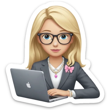 Please take the girl with laptop emoji and make her glassess light brown, her eyes ocean blue and her nose a bit smaller and pointier and she has blonde very long hair and a dark grey suit and pearls necklace, and has a laptop in fron of her and a tiny pink bow on the left side of her head sticker