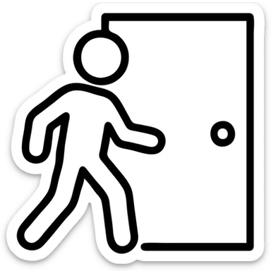 minimalistic icon of a white human figure walking through an open outlined door, viewed from the front, door with visible doorknob, solid green background, flat simple clean lines, high contrast sticker
