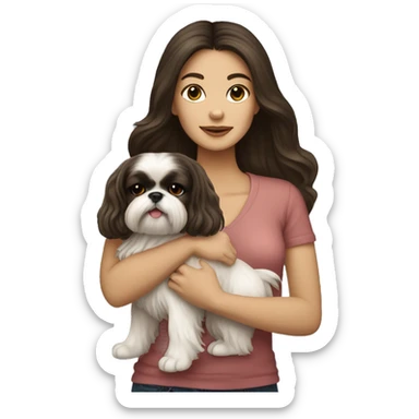 Young dark brunette hair woman with a golden shih tzu in her arms long hair sticker