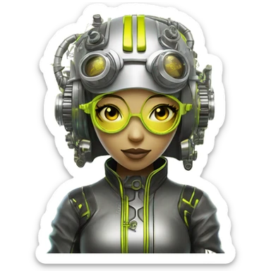 Neon yellow bobbed hair Asian female cyborg head with silver steampunk goggles and circuits sticker