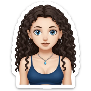 white girl, dark brown long slightly curly hair , skinni but with big breast , septum piercing on nose, beautiful dark gray-blue eyes, showing her toes , sticker