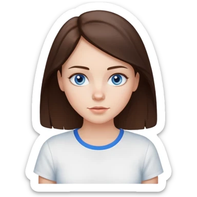 Create an emoji of a white Girl with brunette hair blue eyes faint freckles and hair to her shoulders wearing a white shirt sticker