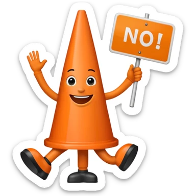 orange traffic cone with three legs dancing with sign in his hand saying “No a i” sticker