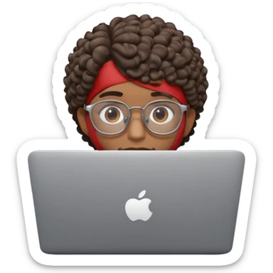 3D Apple Memoji–style emoji, brown-skinned male character, short curly hair, thick glasses, calm focused eyes, peeking over silver laptop, transparent PNG, 4K. sticker
