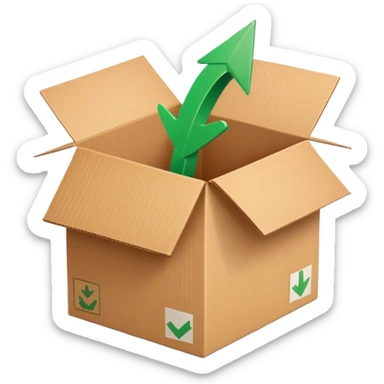 closed cardboard box with a circular arrow and a green checkmark inside the arrow, positioned above the box in the upper right corner sticker