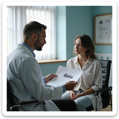 hyperrealistic 4K medical office scene with a male nutritionist in a white coat handing a sheet with the word 'dieta' to a seated female patient, variation 8 sticker