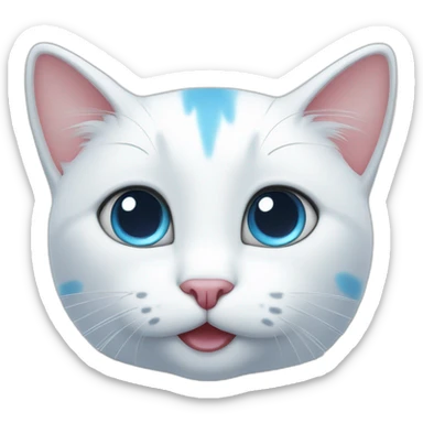 cartoon white cat,-with one big blue spot and one blue ear sticker