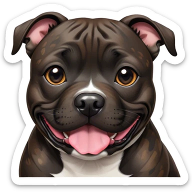 Cinematic Cute Black/Brindle Staffordshire Bull Terrier Portrait Emoji, Head tilted playfully and inquisitively, featuring a glossy Fur with a dynamic mix of black and brindle, round, sparkling dark eyes filled with curiosity, Simplified yet irresistibly adorable features, highly detailed, glowing with a warm, friendly glow, high shine, affectionate and spirited, stylized with a touch of whimsy, bright and endearing, soft glowing outline, capturing the essence of a mischievous yet loving pup, so playful it feels like it could bound out of the screen and into your arms! sticker