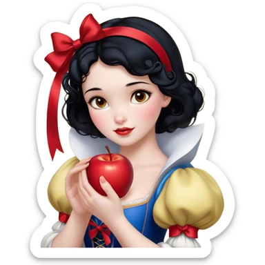 Cinematic Realistic Snow White Portrait, depicted with lifelike skin texture, soft natural lighting, and intricately detailed black hair styled with a red ribbon. Her soft brown eyes radiate innocence and kindness, complemented by a warm, gentle smile. She holds an apple in one hand, her other hand resting against her cheek, embodying her purity and charm. She is dressed in her classic yellow, blue, and red gown, the fabric rich in texture with delicate folds that catch the light beautifully. The portrait features a soft, natural glow with a radiant finish, capturing the essence of timeless beauty in a realistic and painterly style. sticker