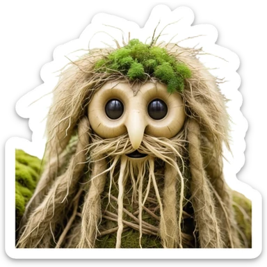 A mystical Slavic forest creature named "Lepetun", with fluffy, tangled fur like old hay, large uneven eyes made of straw and resin, a wide, crooked smile stitched like burlap, long root-like fingers, and a body shaped like a shriveled turnip. He wears tattered pieces of linen and bark, with moss growing on his back. The style is folklore-inspired, slightly grotesque but cute, highly textured, illustrated with soft lighting and muted autumn tones. Background: misty woods or old wooden hut. Expression: confused, rambling, friendly yet unsettling. Artistic style: painterly, digital illustration with traditional etching feel. sticker