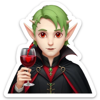 male elf vampire emoji, pale skin, red glowing eyes, long pointed ears, black high-collared cloak with red lining, holding a wine glass filled with red liquid, elegant Halloween fantasy look, smooth Apple emoji style, clean white background, square image sticker