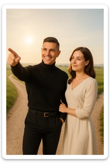 a man stands confidently at a crossroads, pointing toward a clear path ahead. Beside him, a woman looks at him con fiducia e serenità, pronta a seguirlo. Entrambi sono ben vestiti e sorridenti, immersi in un paesaggio luminoso che simboleggia nuove opportunità e un viaggio condiviso. sticker