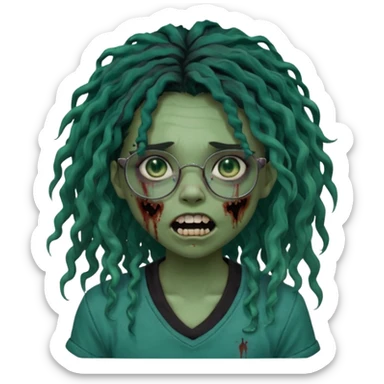 One girl greenskinned, zombie with glasses, with ombre black roots, dark teal long locks & side bang of her locs that fall over slightly covering the right eye, a sinister expression w/ the mouth open, teeth showing, and the jaw uneven. with a small wound near its mouth, her locks curly, black shirt sticker