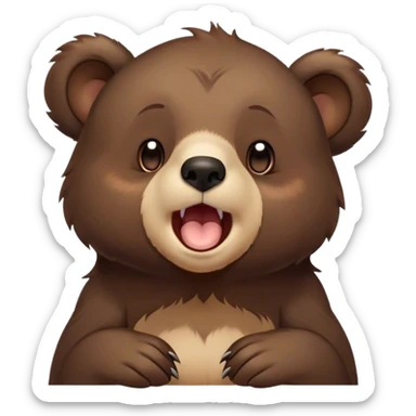 Cinematic Cute Yawning bear cub Portrait Emoji, Head tilted slightly with a dramatic, wide-open yawn, showcasing a soft, plush dark brown fur with drooping ears, round eyes barely open in drowsy contentment, Simplified yet irresistibly adorable features, highly detailed, glowing with a soft, cozy glow, high shine, relaxed yet expressive, stylized with a touch of woodland charm, bright and endearing, soft glowing outline, capturing the essence of a sleepy yet affectionate bear cub, so drowsy it feels like it could lumber out of the screen and curl up for a nap! sticker