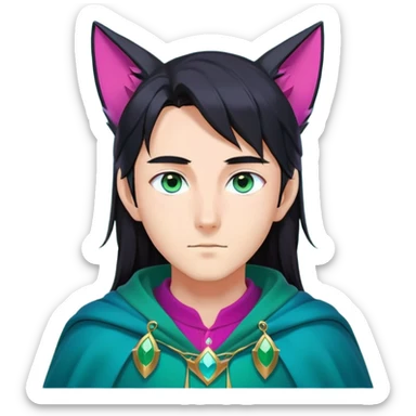 anime man with long-straight-dark-black hair, long black fox ears with pink Scapha, colorful-gradient-brown-turquoise eyes, gold earring, dark-blue-sweater, green cape, white pupils sticker