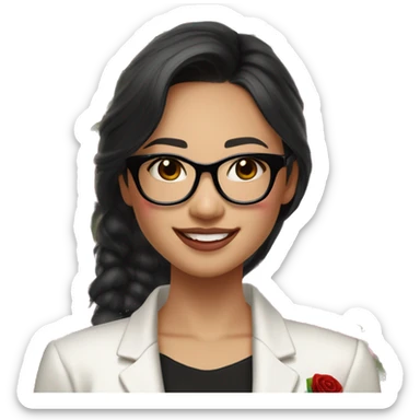 Asian girl, smiling with teeth and dimples on the cheeks, fair skin, black long hair, black eyes, black glasses with gold frames, red lipstick, wearing a white lace tank top and a black office jacket on top, with pink and red roses around her sticker