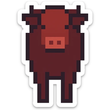 Change the pixel art Aberdeen Angus cow to a red coat, keep front view, minimal details, no background, in pixel art style. sticker