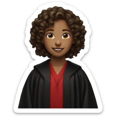a young girl with curly brown hair, brown eyes, bigger front teeth, shes light skinned and dressed in a black robes with red tie sticker