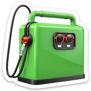 A 3D render of a green rectangular fuel pump as an inanimate object, with black sunglasses placed on its upper front panel. No face, no eyes, no character features, no anthropomorphism. Industrial product style. Clean lighting. Isolated on transparent background. sticker