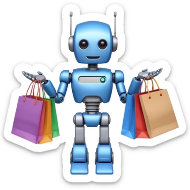 black friday robot with blue and metalic colours with bags in his hands  sticker