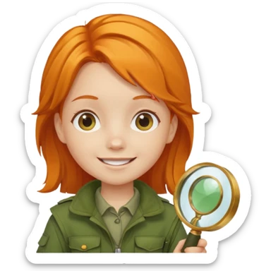 braid orange haired girl kid in moss green explorer outfit, holding magnifying glass, smile sticker