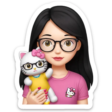 Nails cute with hello kitty wear glasses black long  hair, wear yellow shirt , red nails , big hello kitty doll sticker