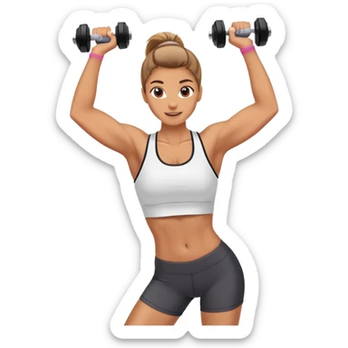 Energetic fitness instructor stretching with dumbbells sticker